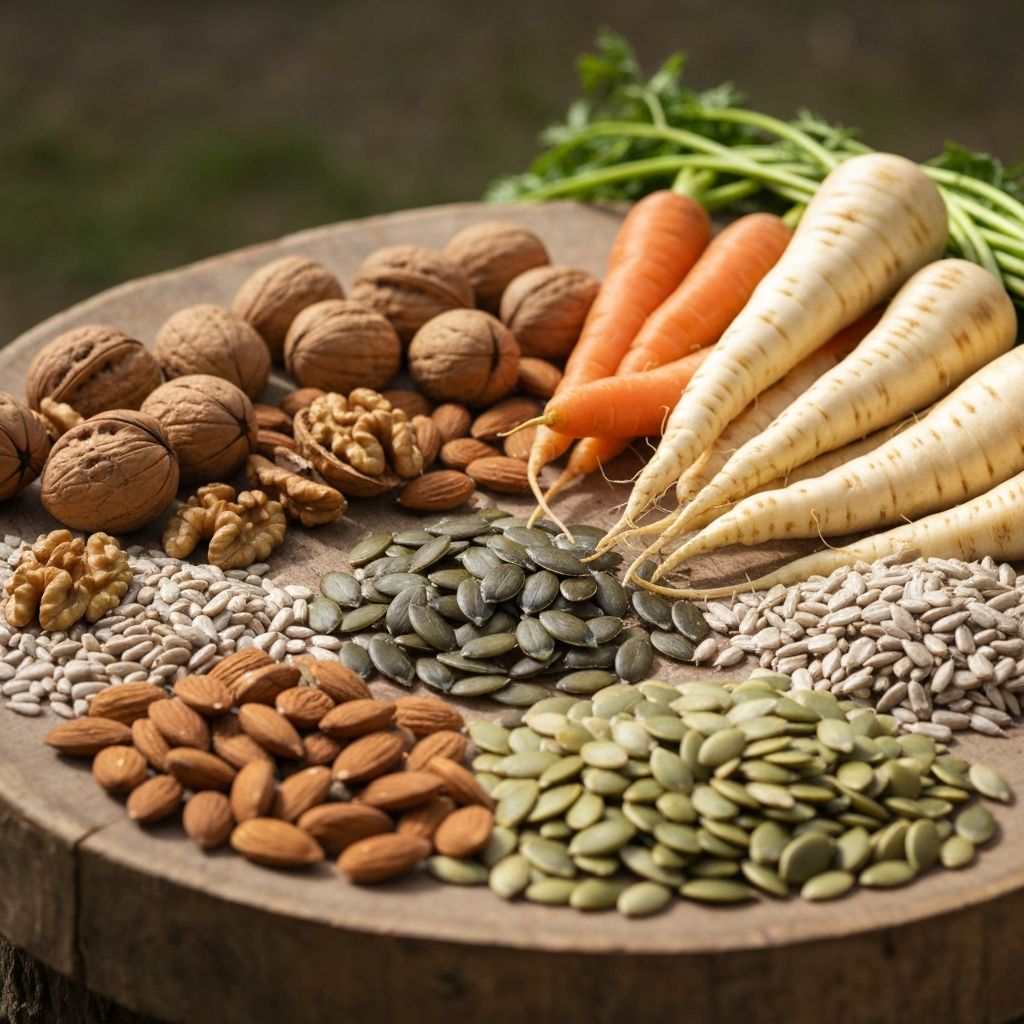 Selection of nuts, seeds, and root vegetables at a market
